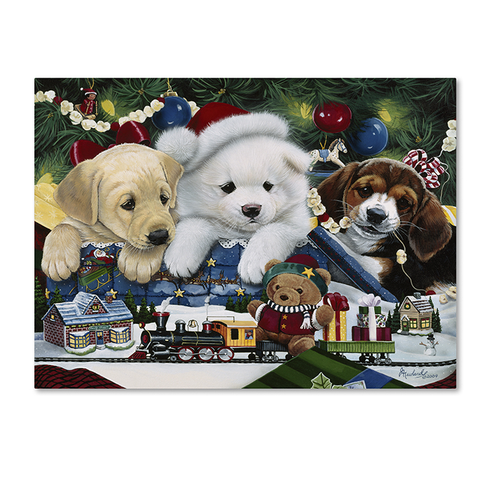 Jenny Newland 'Curious Christmas Pups' 14 X 19 Canvas Art
