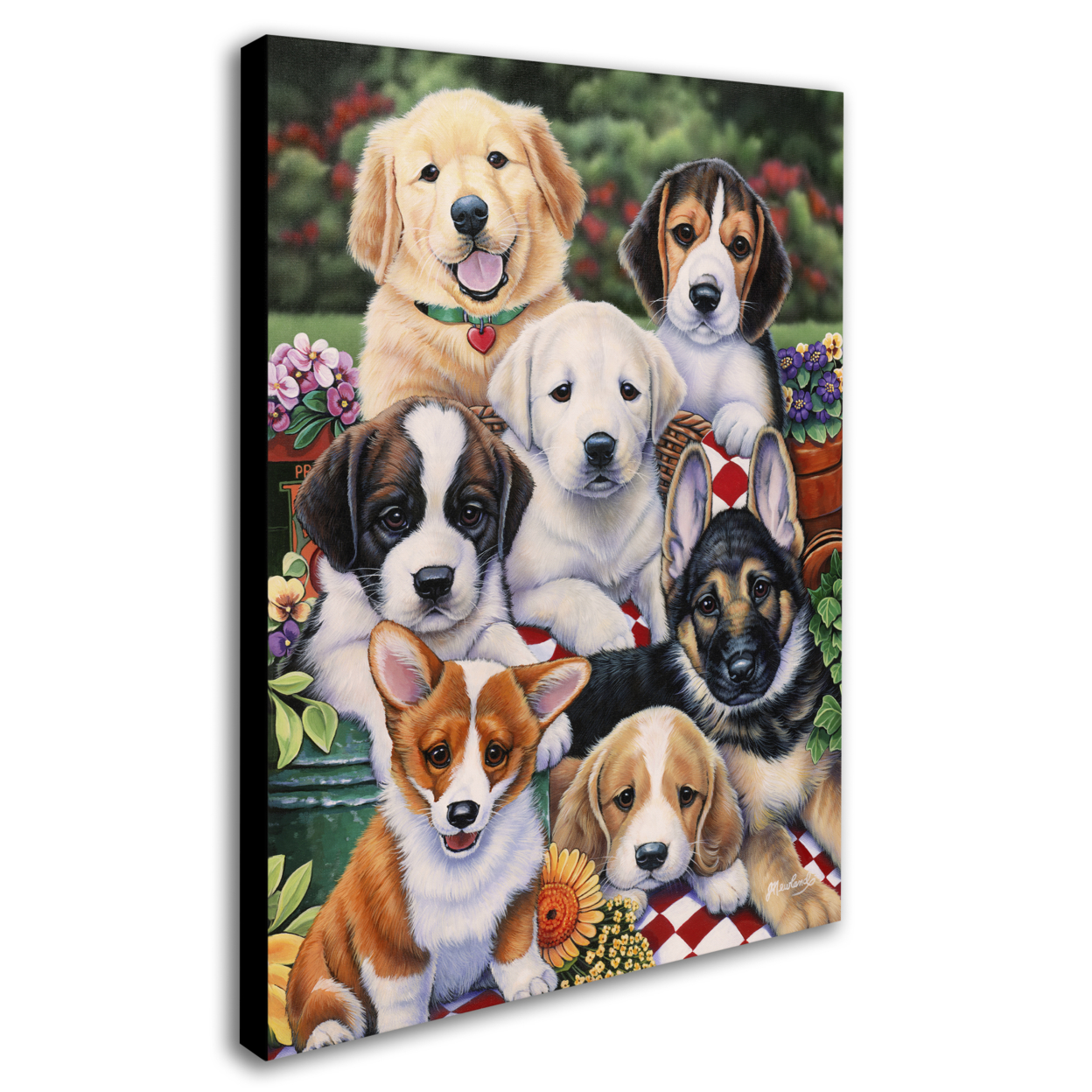 Jenny Newland 'Garden Puppies' 14 X 19 Canvas Art