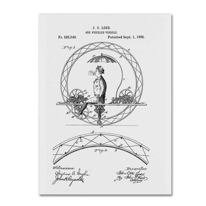 Claire Doherty 'One Wheeled Vehicle Patent 1885 White' 14 X 19 Canvas Art