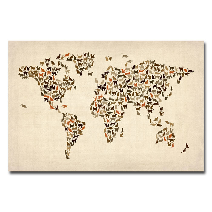 Michael Tompsett 'World Map Of Cats' 14 X 19 Canvas Art