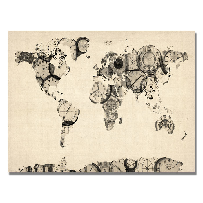 Michael Tompsett 'Old Clocks World Map' 14 X 19 Canvas Art