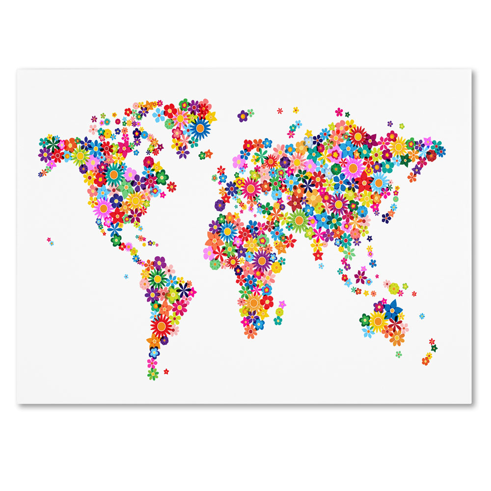 Michael Tompsett 'Flowers World Map 2' 14 X 19 Canvas Art