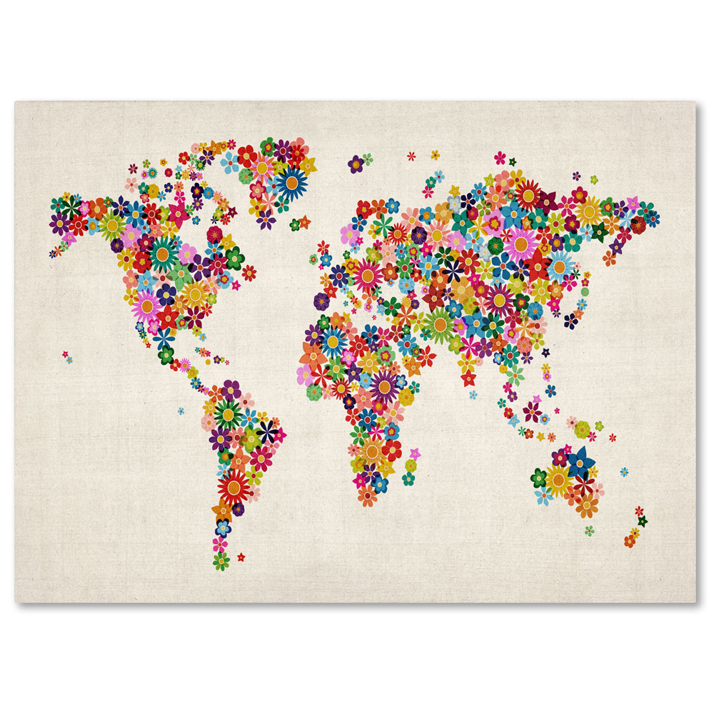 Michael Tompsett 'Flowers World Map' 14 X 19 Canvas Art