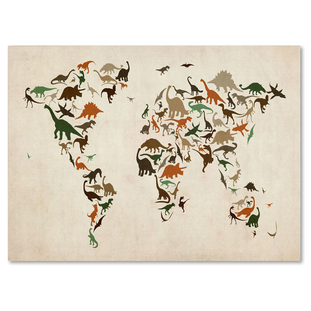 Michael Tompsett 'Dinosaur World Map 2' 14 X 19 Canvas Art