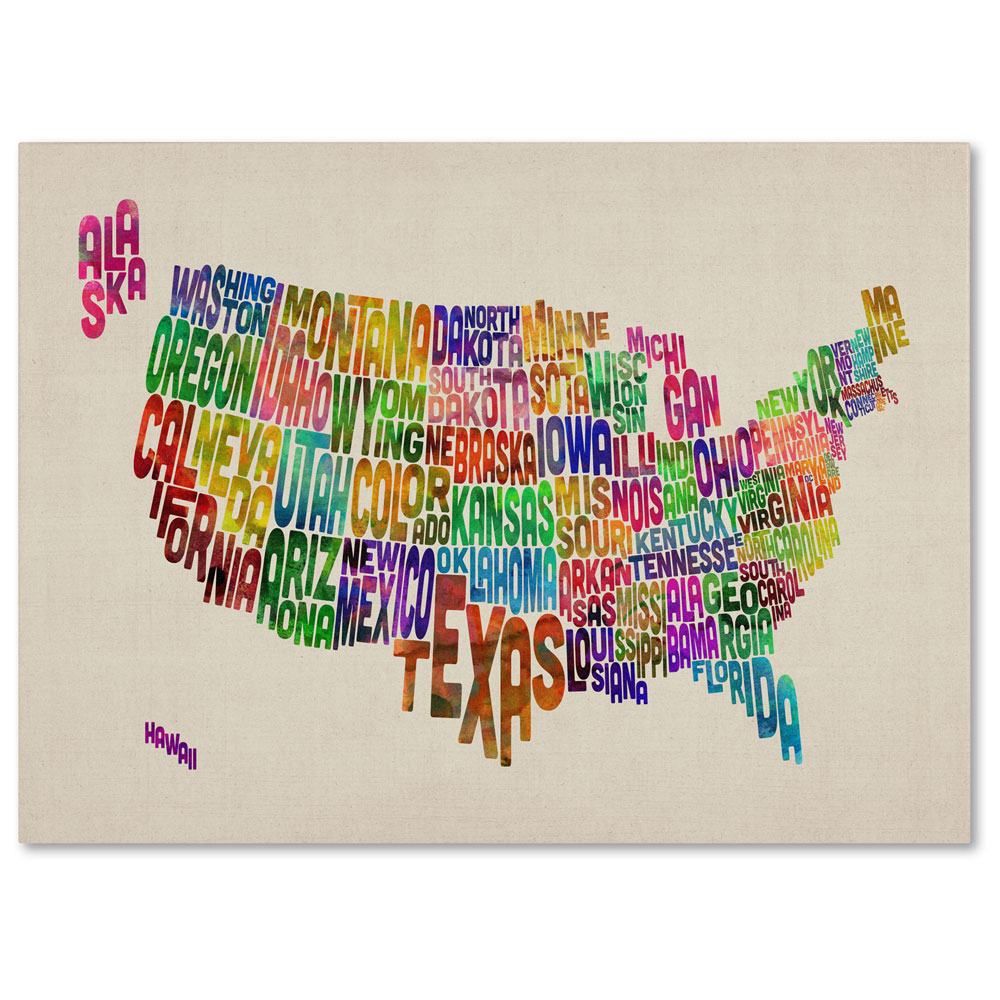 Michael Tompsett 'USA States Text Map' 14 X 19 Canvas Art