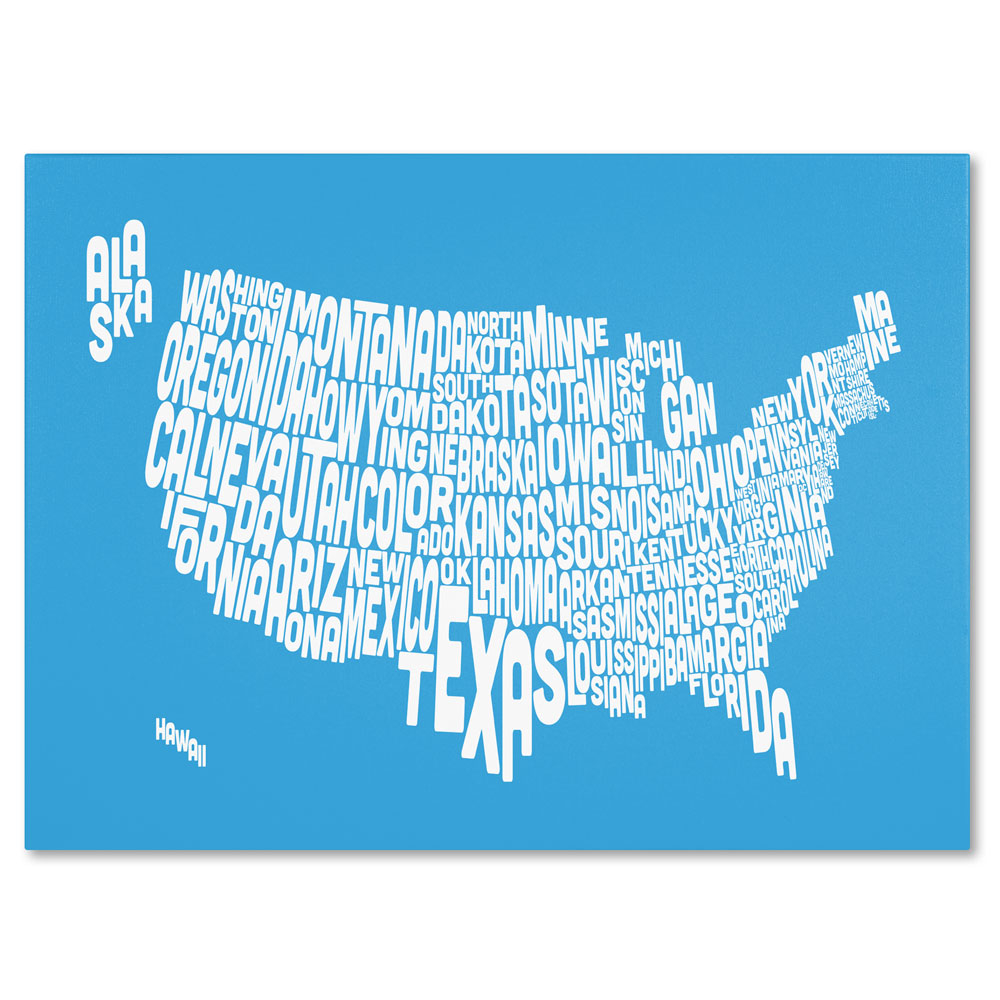 Michael Tompsett 'AZUL-USA States Text Map' 14 X 19 Canvas Art