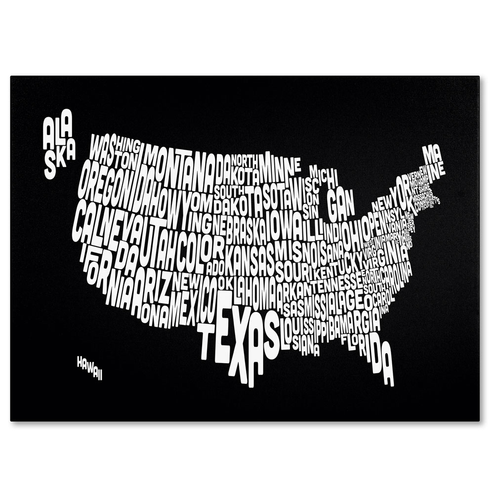 Michael Tompsett 'BLACK-USA States Text Map' 14 X 19 Canvas Art