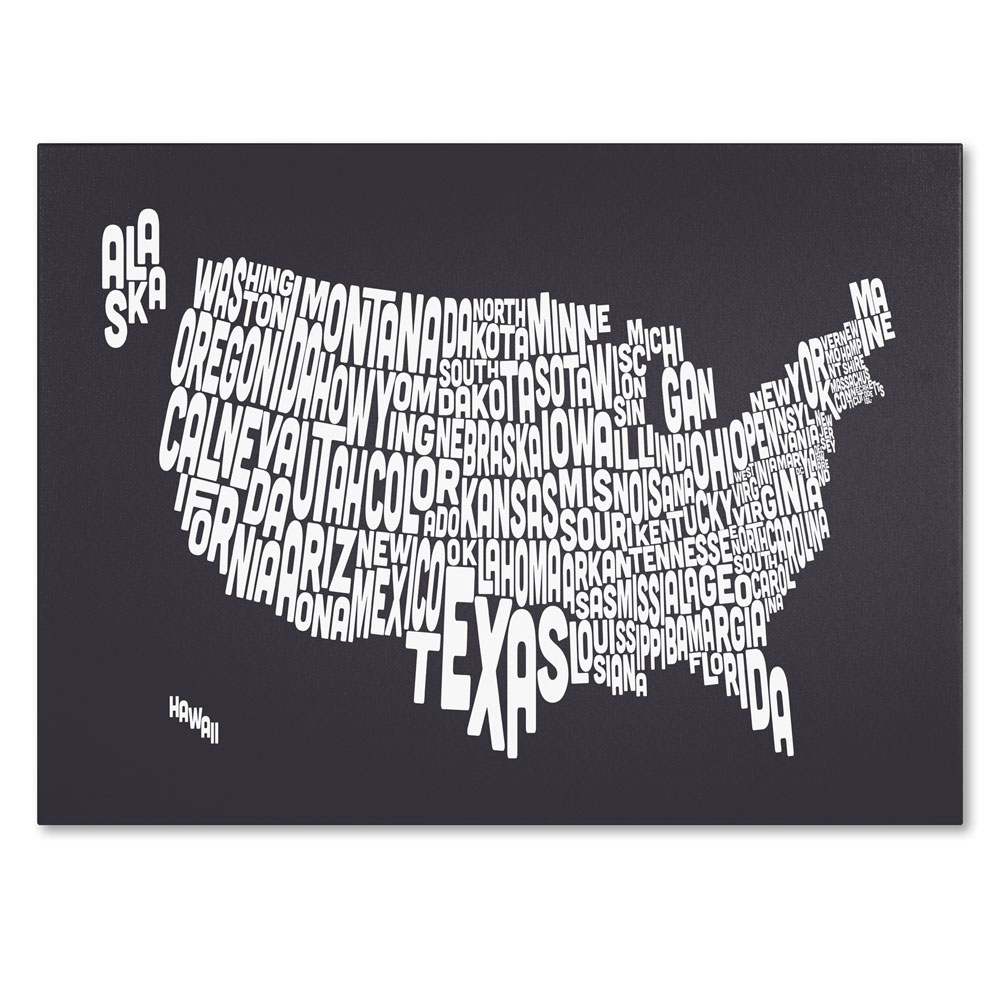 Michael Tompsett 'CHARCOAL-USA States Text Map' 14 X 19 Canvas Art