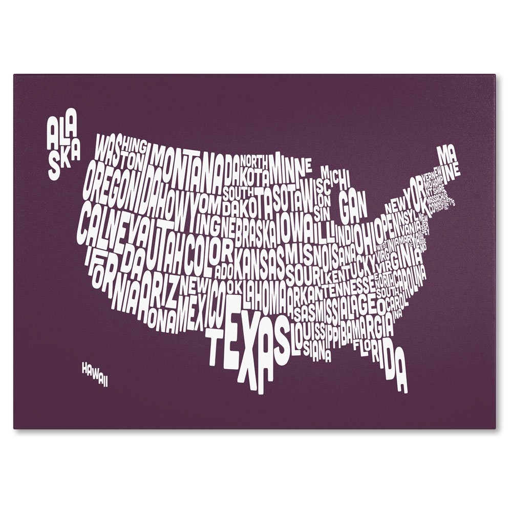 Michael Tompsett 'MULBERRY-USA States Text Map' 14 X 19 Canvas Art
