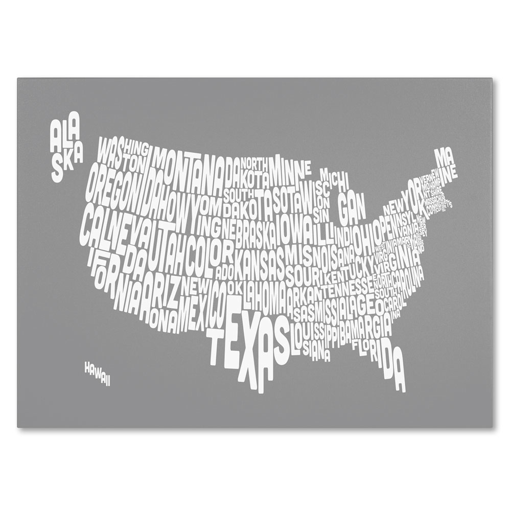 Michael Tompsett 'GREY-USA States Text Map' 14 X 19 Canvas Art