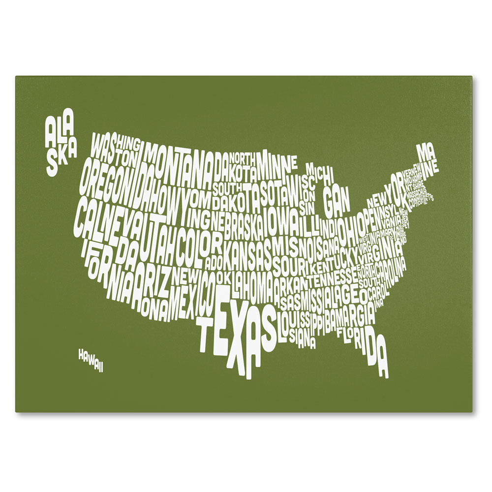 Michael Tompsett 'OLIVE-USA States Text Map' 14 X 19 Canvas Art