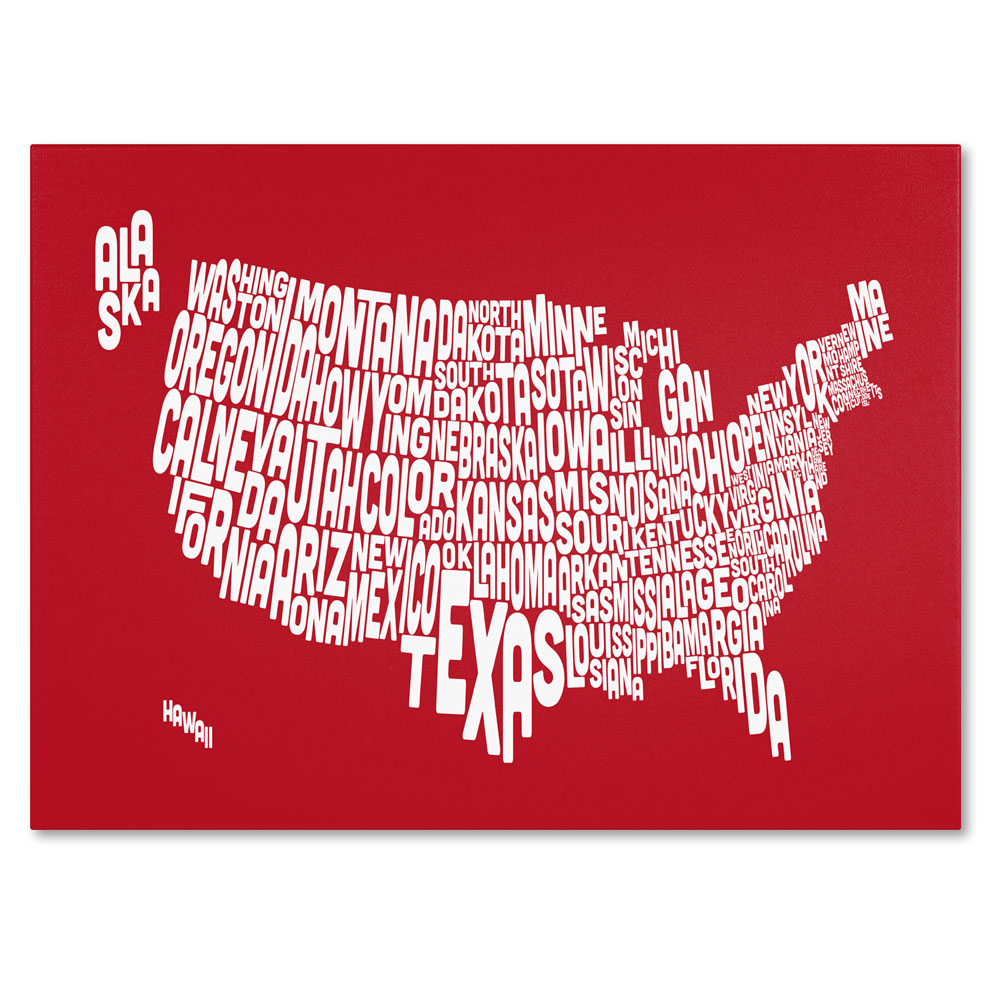 Michael Tompsett 'RED-USA States Text Map' 14 X 19 Canvas Art