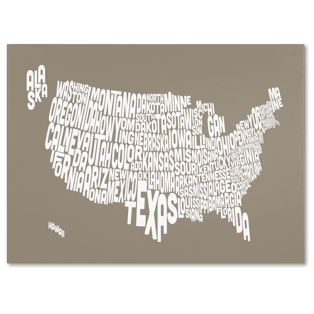 Michael Tompsett 'TAUPE-USA States Text Map' 14 X 19 Canvas Art