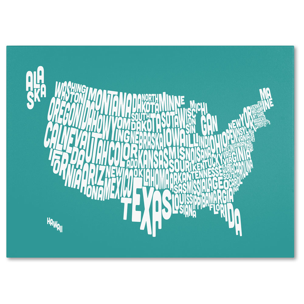 Michael Tompsett 'TURQOISE-USA States Text Map' 14 X 19 Canvas Art