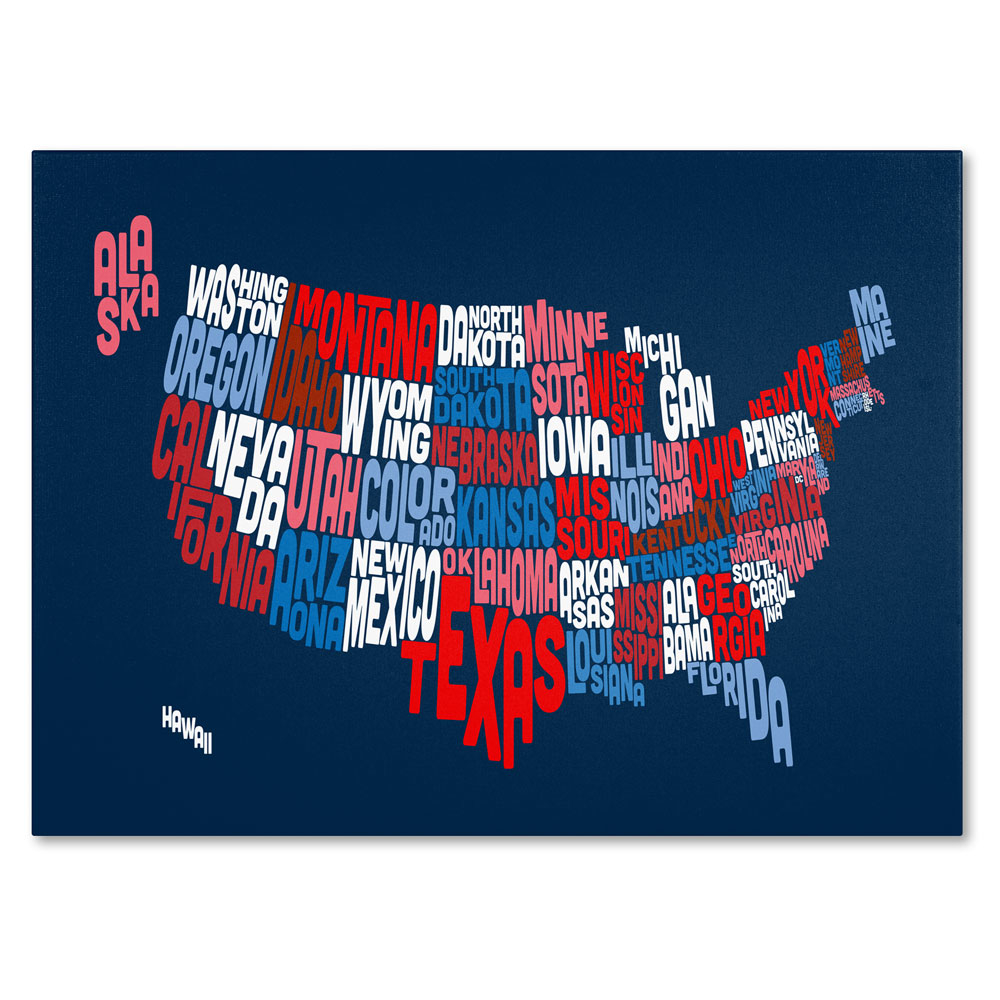 Michael Tompsett 'USA States Txt Map 2' 14 X 19 Canvas Art