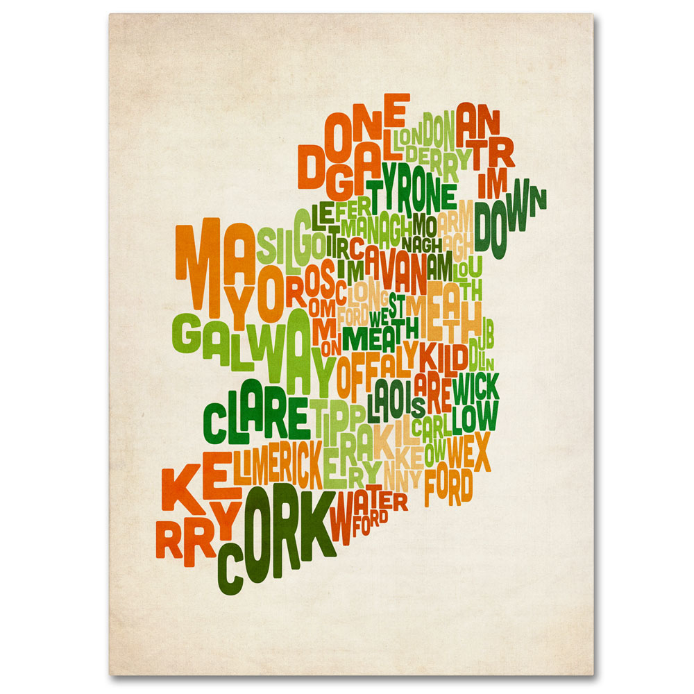 Michael Tompsett 'Ireland Text Map' 14 X 19 Canvas Art