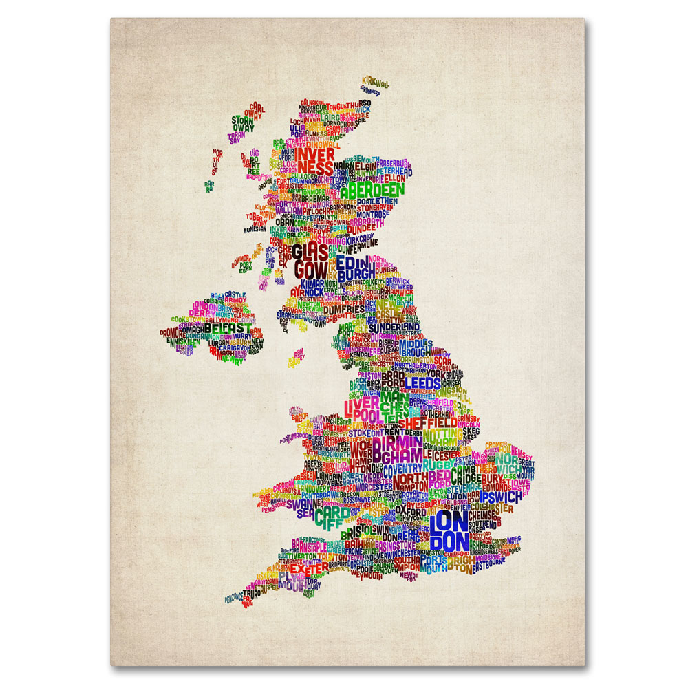 Michael Tompsett 'UK Cities Text Map' 14 X 19 Canvas Art