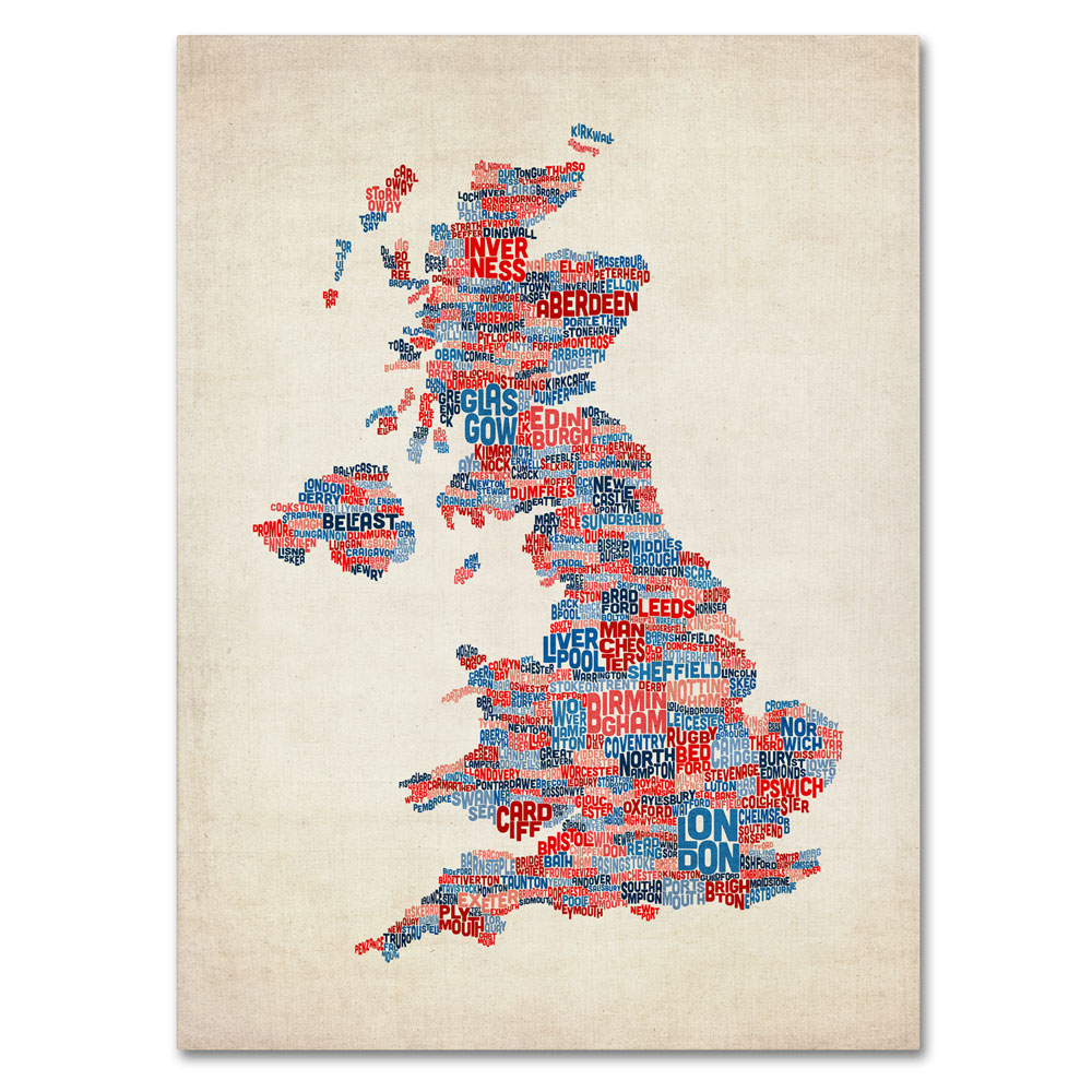 Michael Tompsett 'UK Cities Text Map 2' 14 X 19 Canvas Art