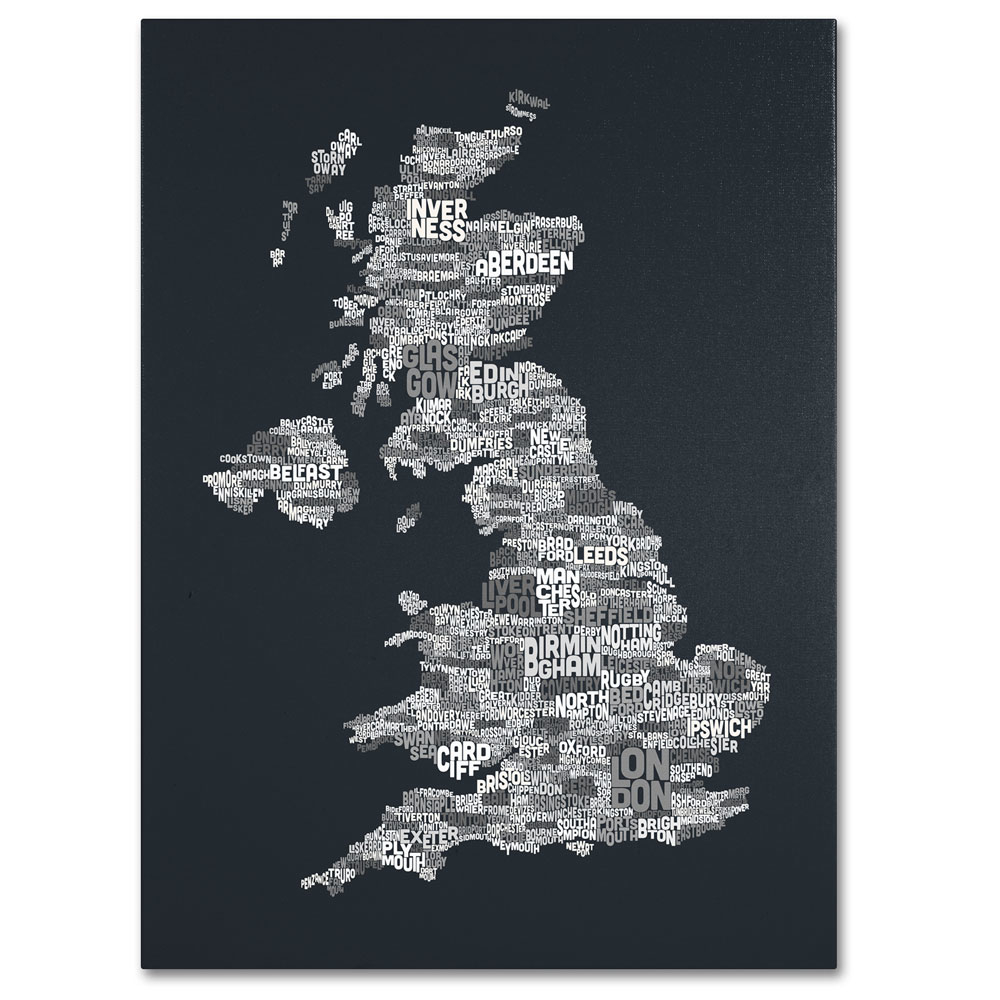 Michael Tompsett 'UK Cities Text Map 4' 14 X 19 Canvas Art