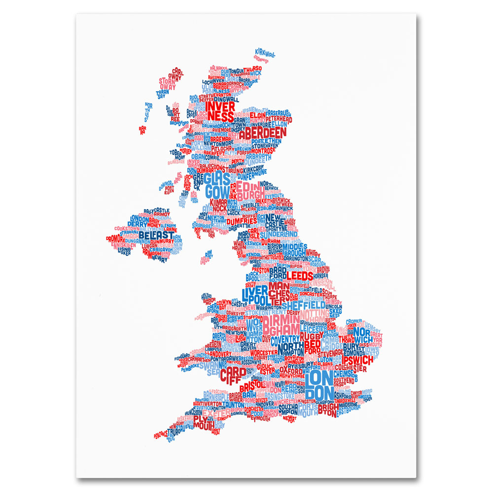 Michael Tompsett 'UK Cities Text Map 7' 14 X 19 Canvas Art