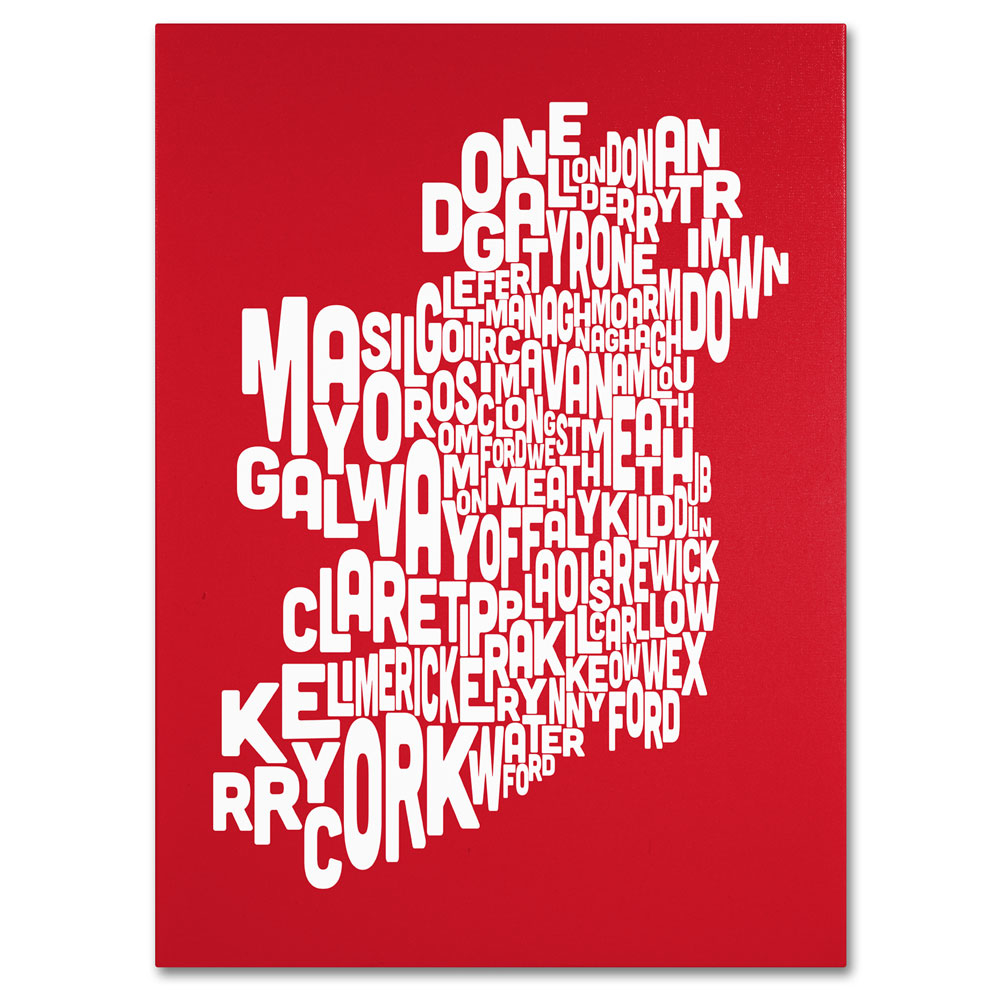 Michael Tompsett 'RED-Ireland Text Map' 14 X 19 Canvas Art