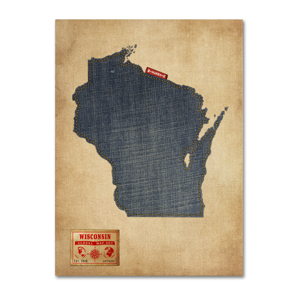 Michael Tompsett 'Wisconsin Map Denim Jeans Style' 14 X 19 Canvas Art