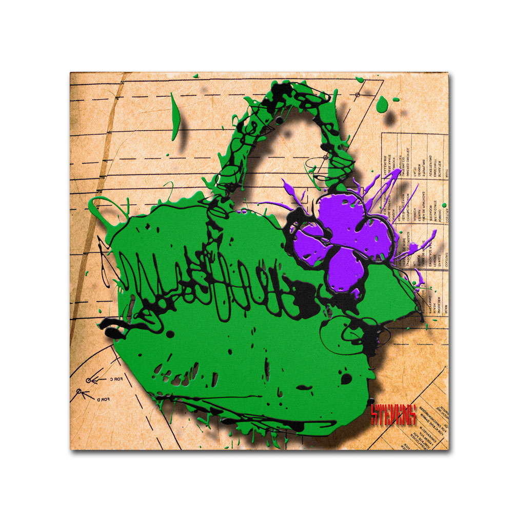 Roderick Stevens 'Flower Purse Purple On Green' Canvas Wall Art 14 X 14