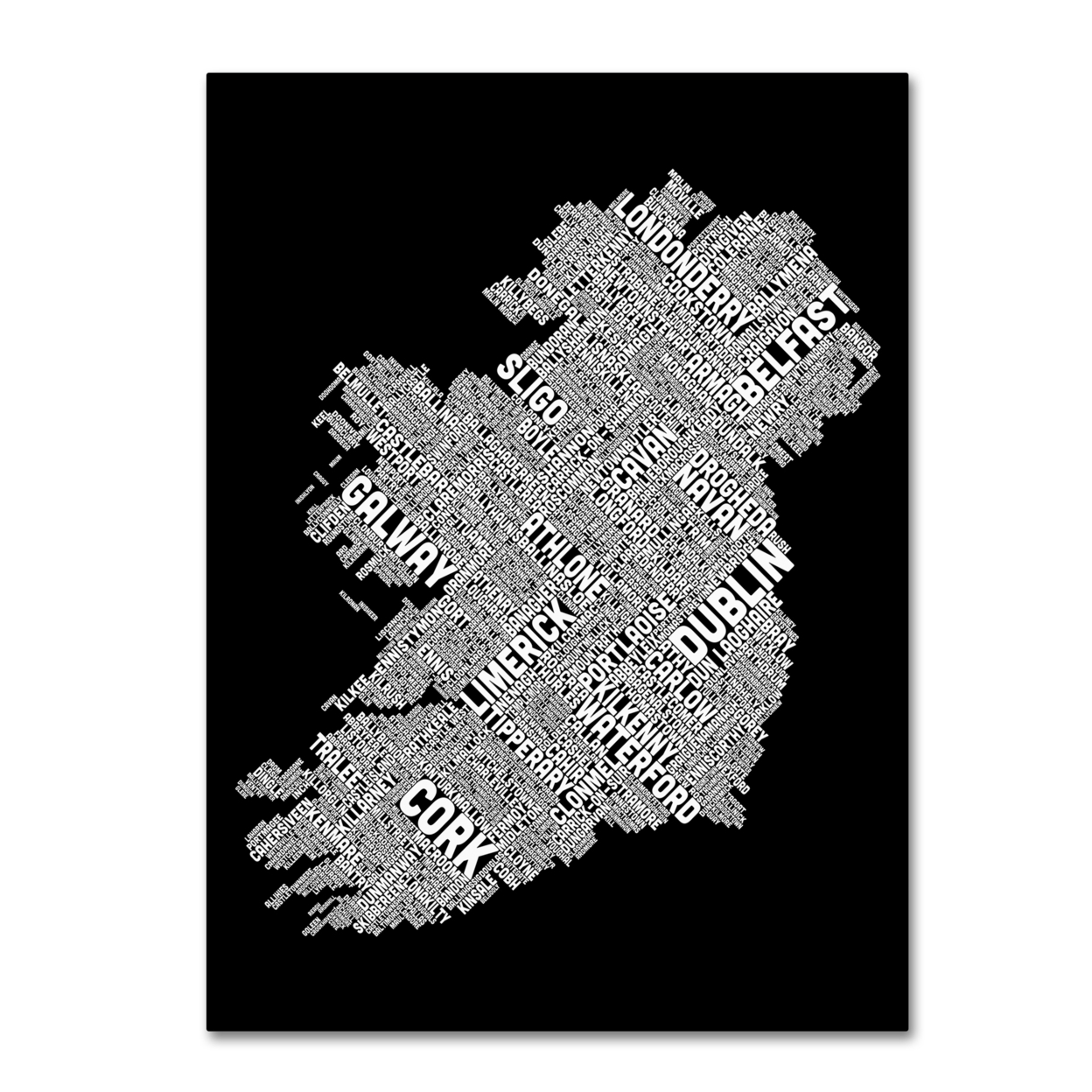 Michael Tompsett 'Ireland Eire City Text Map B&W' Canvas Wall Art 35 X 47 Inches