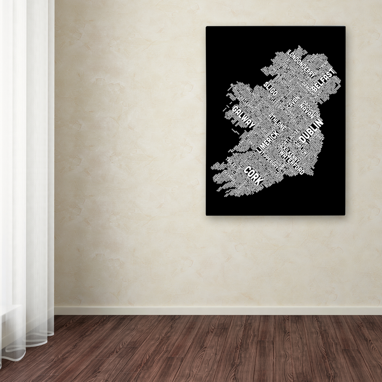 Michael Tompsett 'Ireland Eire City Text Map B&W' Canvas Wall Art 35 X 47 Inches
