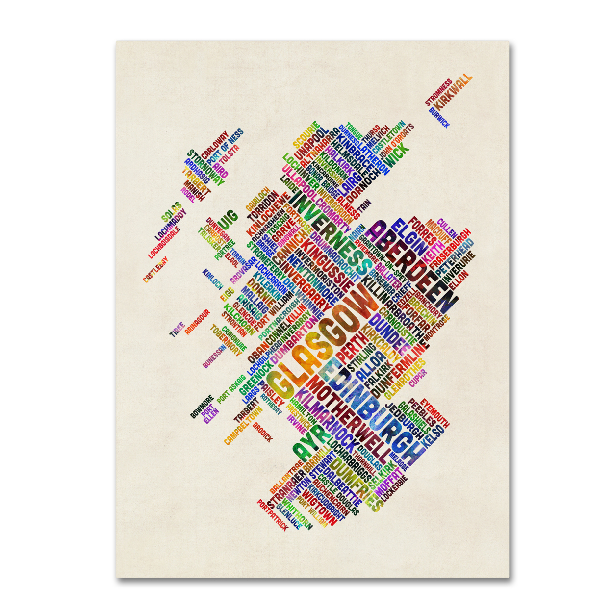 Michael Tompsett 'Scotland Typography Text Map 4' Canvas Wall Art 35 X 47 Inches