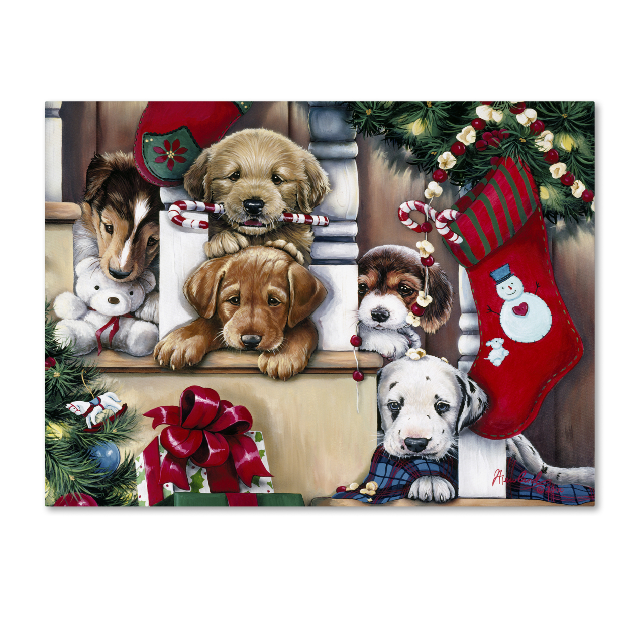 Jenny Newland 'Christmas Puppies On The Loose' Canvas Wall Art 35 X 47 Inches