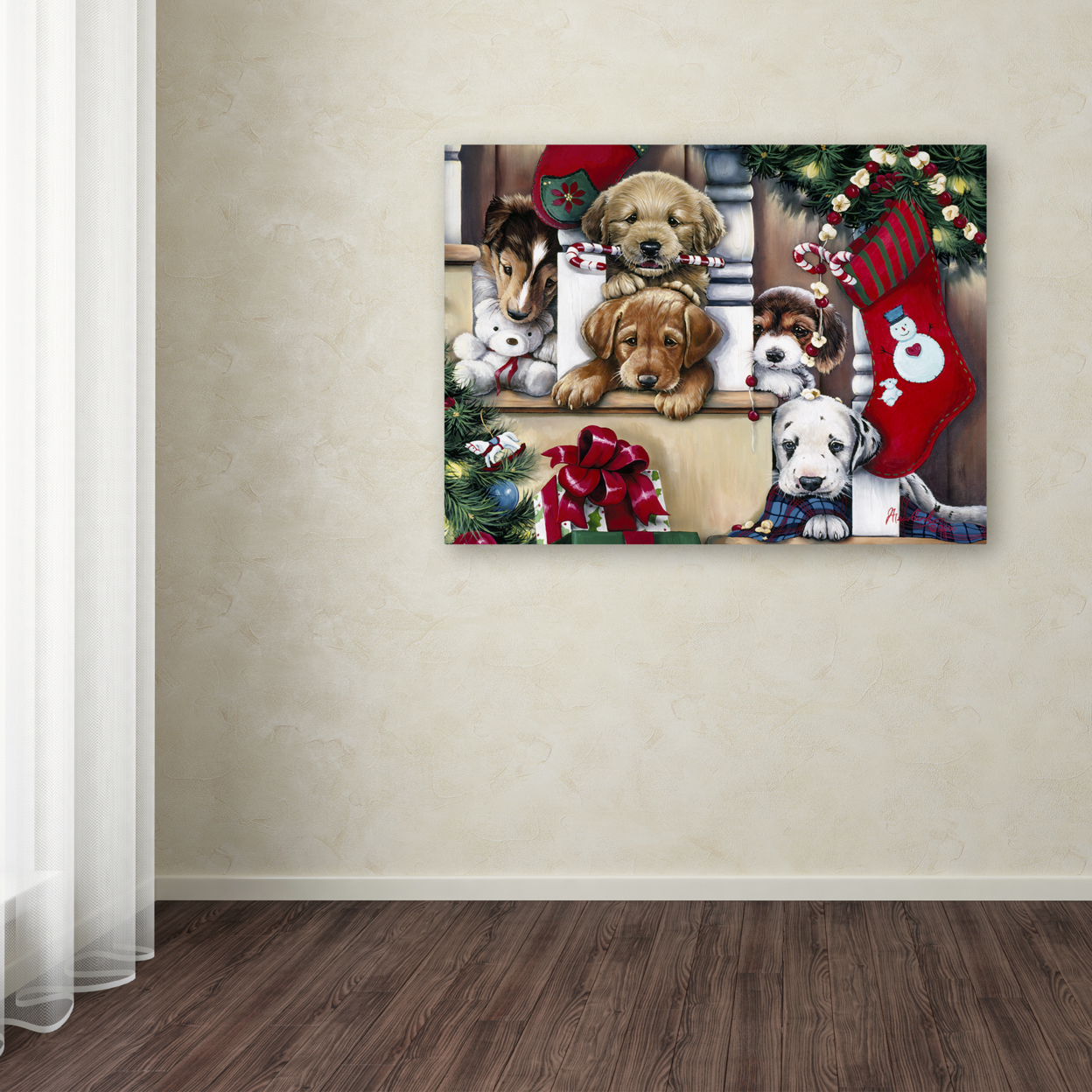 Jenny Newland 'Christmas Puppies On The Loose' Canvas Wall Art 35 X 47 Inches