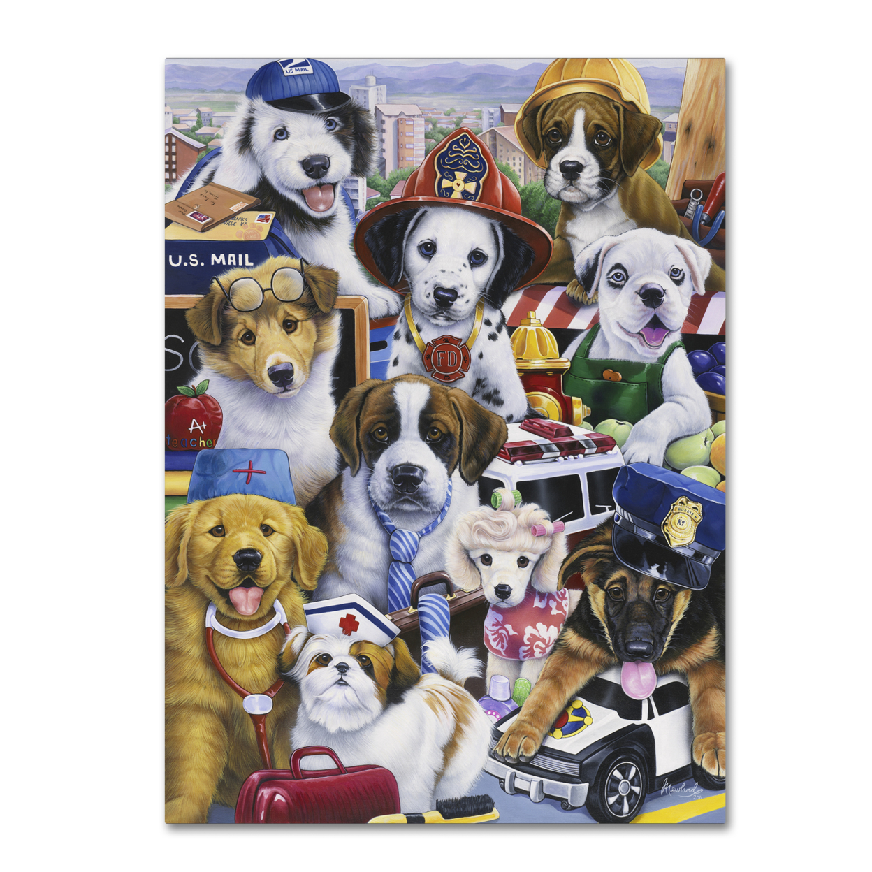 Jenny Newland 'Working Puppies' Canvas Wall Art 35 X 47 Inches