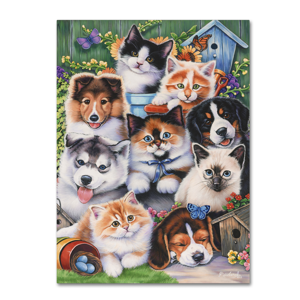 Jenny Newland 'Kittens & Puppies In The Garden' Canvas Wall Art 35 X 47 Inches