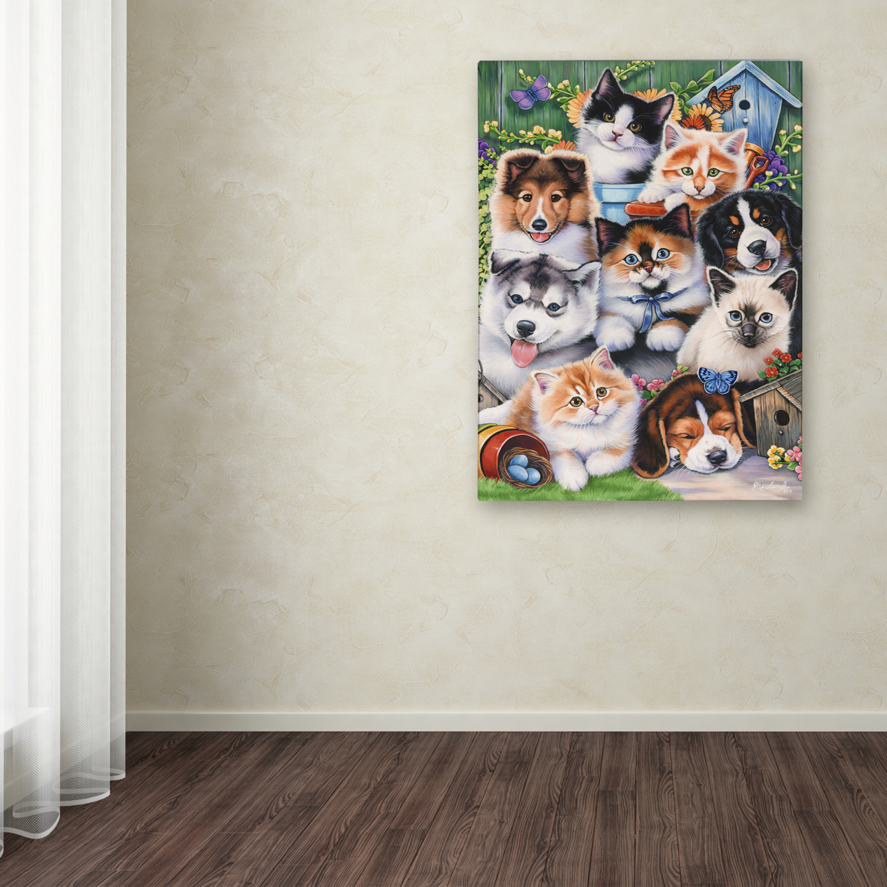 Jenny Newland 'Kittens & Puppies In The Garden' Canvas Wall Art 35 X 47 Inches