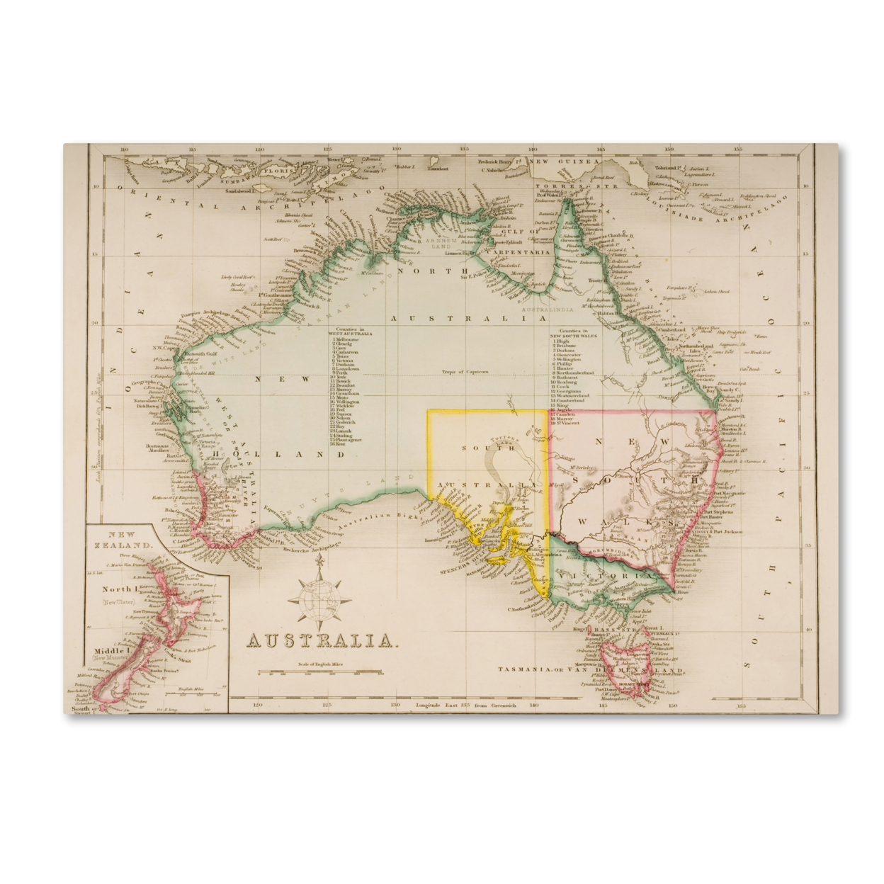 J Archer 'Map Of Australia And New Zealand' Canvas Wall Art 35 X 47