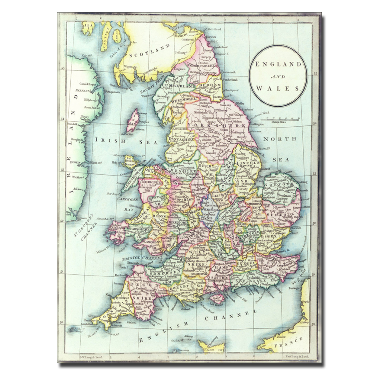 RH Laurie 'Map Of England & Wales 1852' Canvas Wall Art 35 X 47