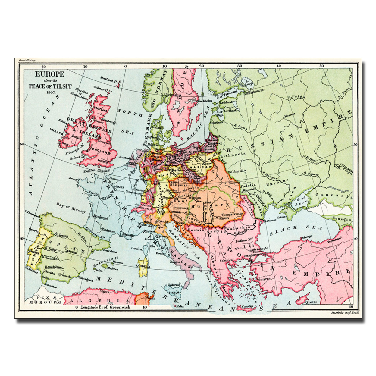 Map Of Europe After The Peace Of Tilsit 1807' Canvas Wall Art 35 X 47