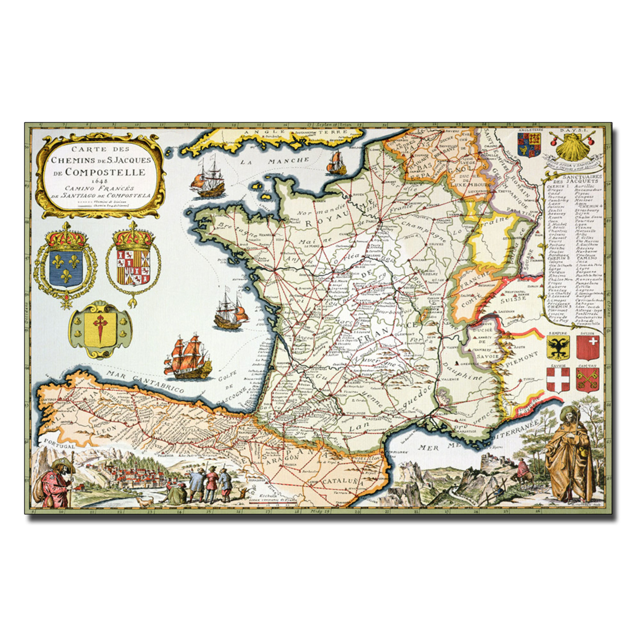 D Serveaux 'Map Of Routes Of St James 1648' Canvas Wall Art 35 X 47