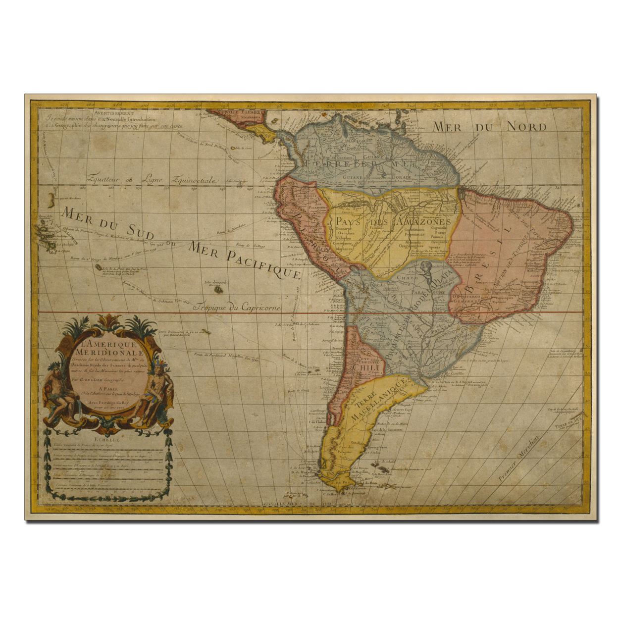 Guillaume Delisle Map Of South America 1700 Canvas Wall Art 35 X 47