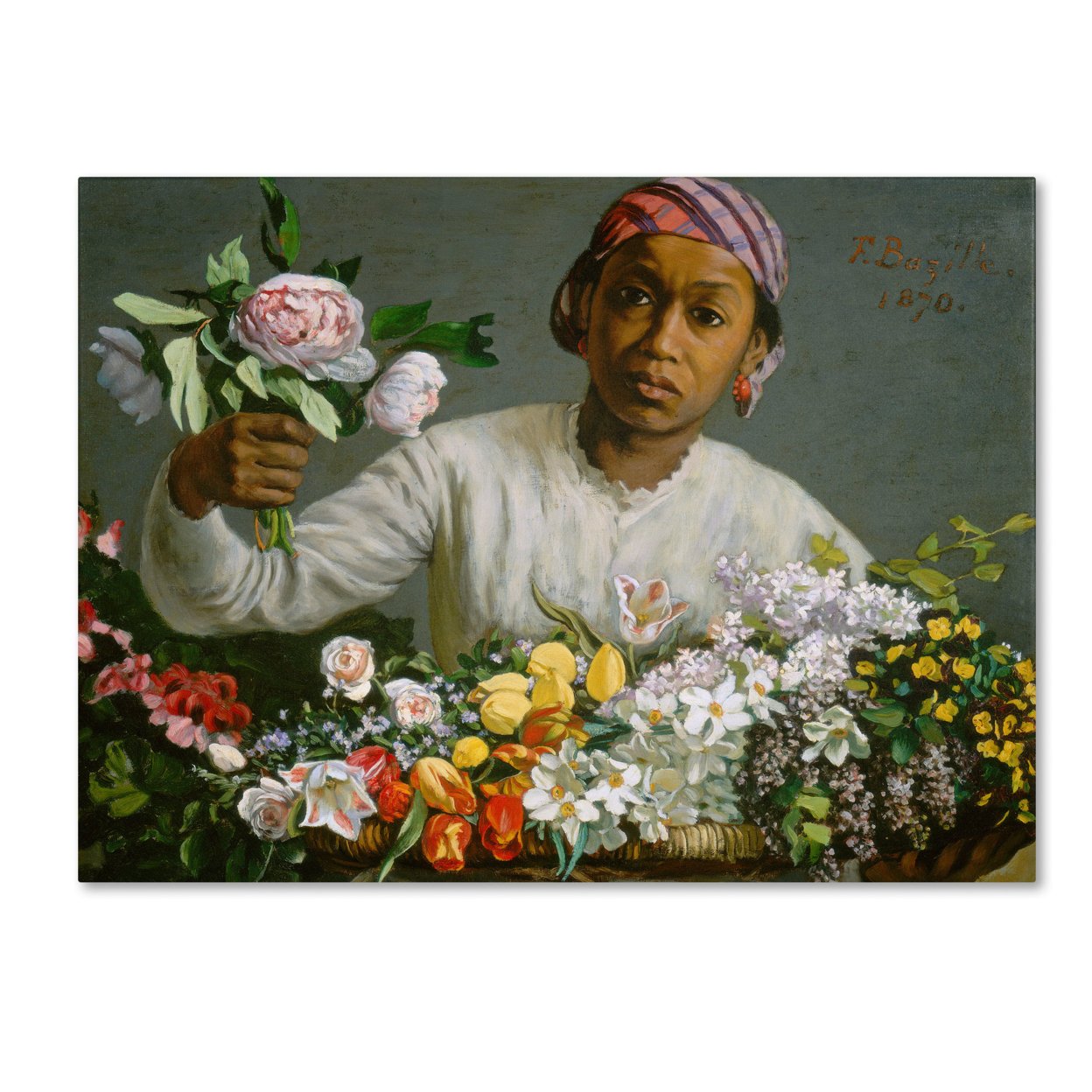Jean Frederic Bazille 'Young Woman With Peonies' Canvas Wall Art 35 X 47 Inches