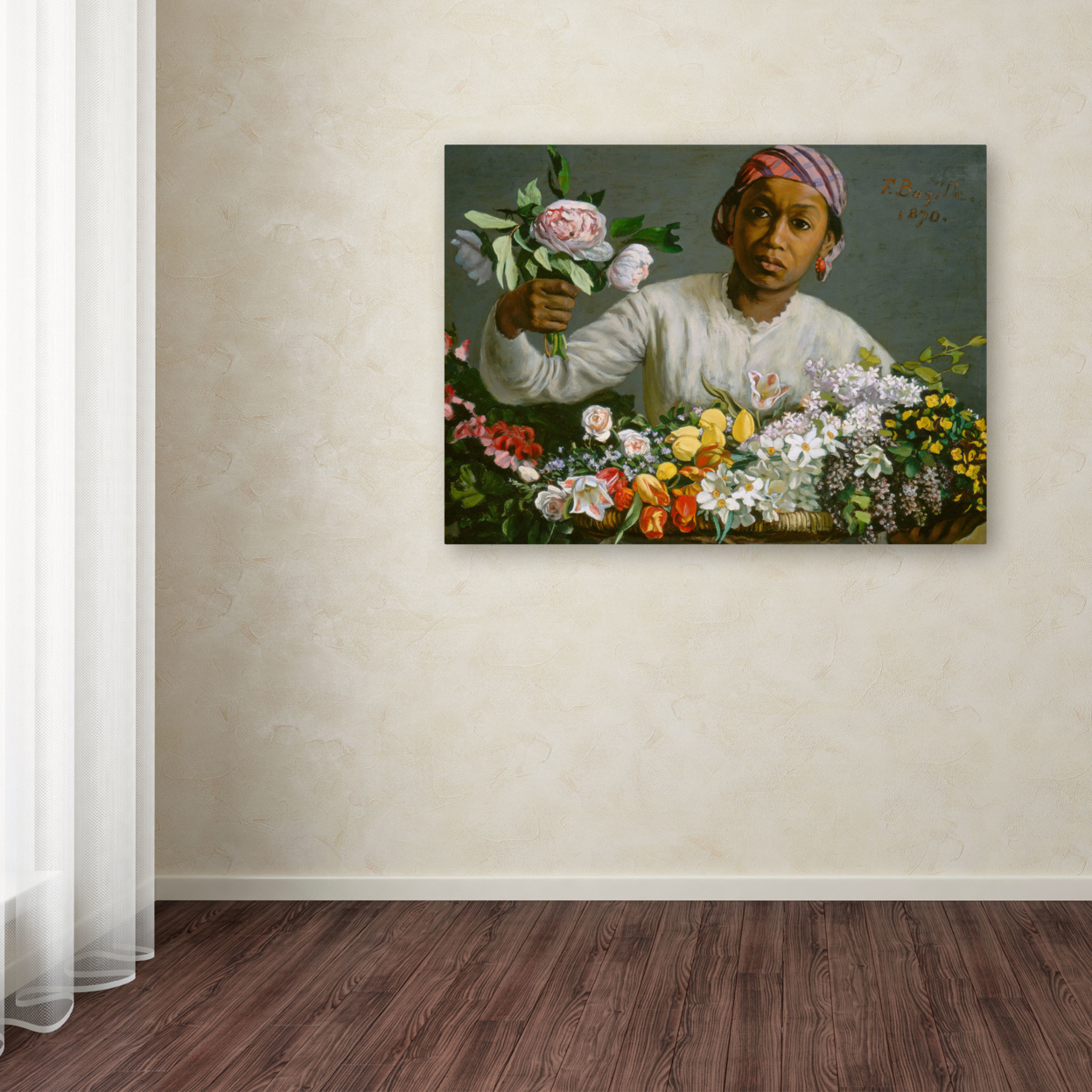 Jean Frederic Bazille 'Young Woman With Peonies' Canvas Wall Art 35 X 47 Inches