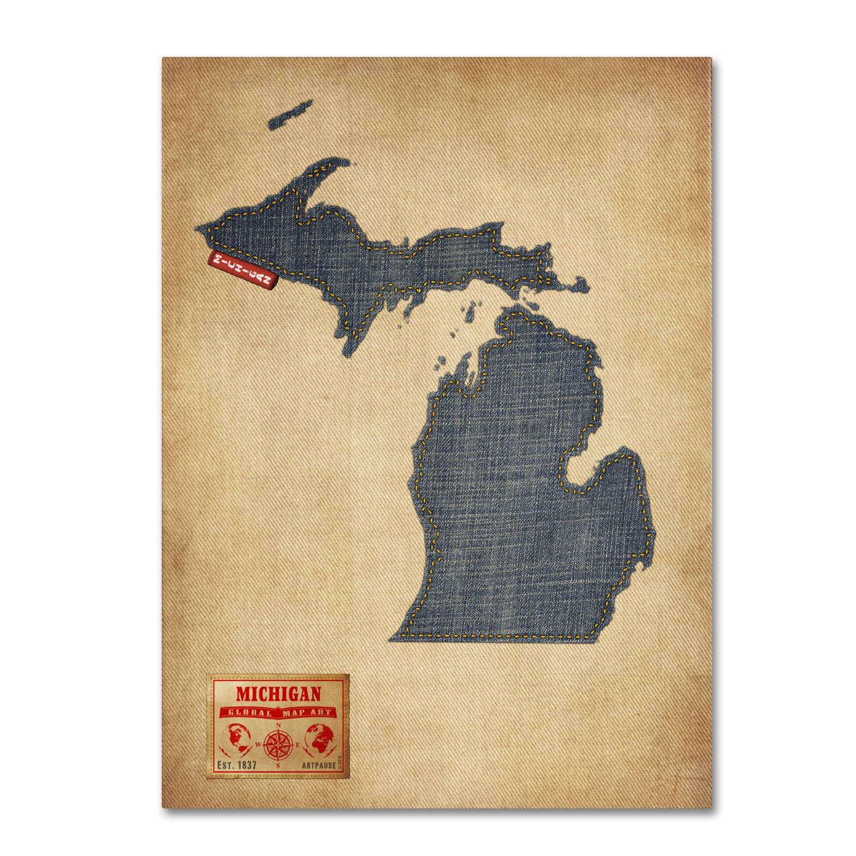 Michael Tompsett 'Michigan Map Denim Jeans Style' Canvas Wall Art 35 X 47 Inches