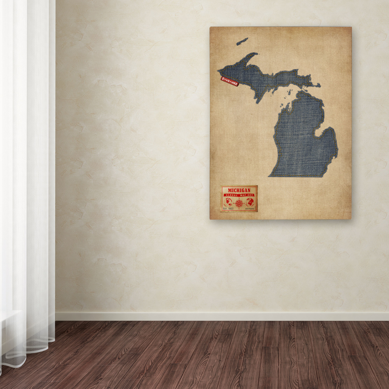 Michael Tompsett 'Michigan Map Denim Jeans Style' Canvas Wall Art 35 X 47 Inches