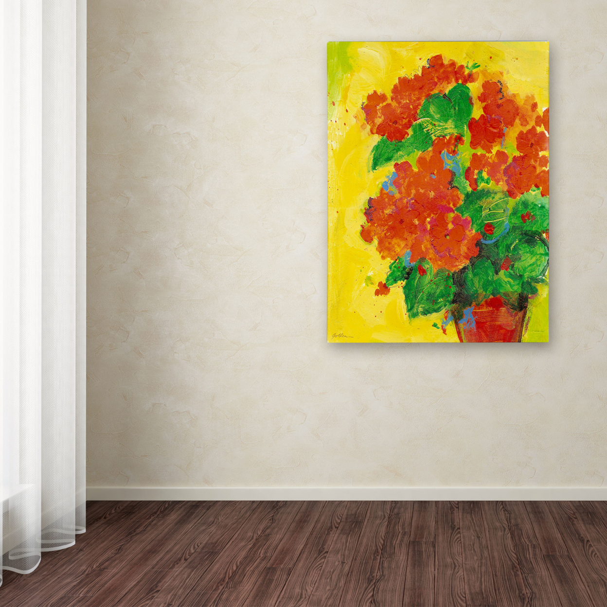 Sheila Golden 'Geraniums Against Yellow' Canvas Wall Art 35 X 47 Inches