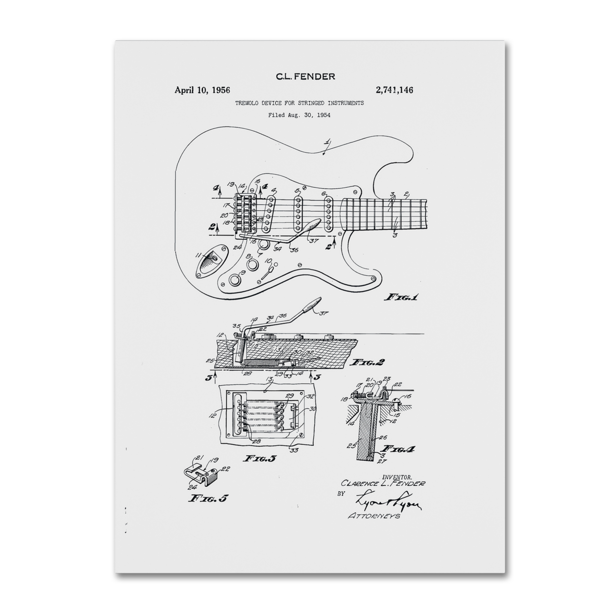 Claire Doherty 'Fender Guitar Tremolo Patent 1956 White' Canvas Wall Art 35 X 47 Inches