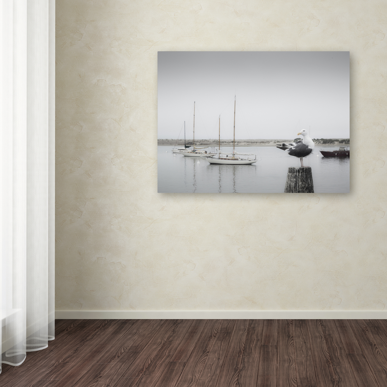 Moises Levy 'Four Boats & Seagull' Canvas Wall Art 35 X 47 Inches