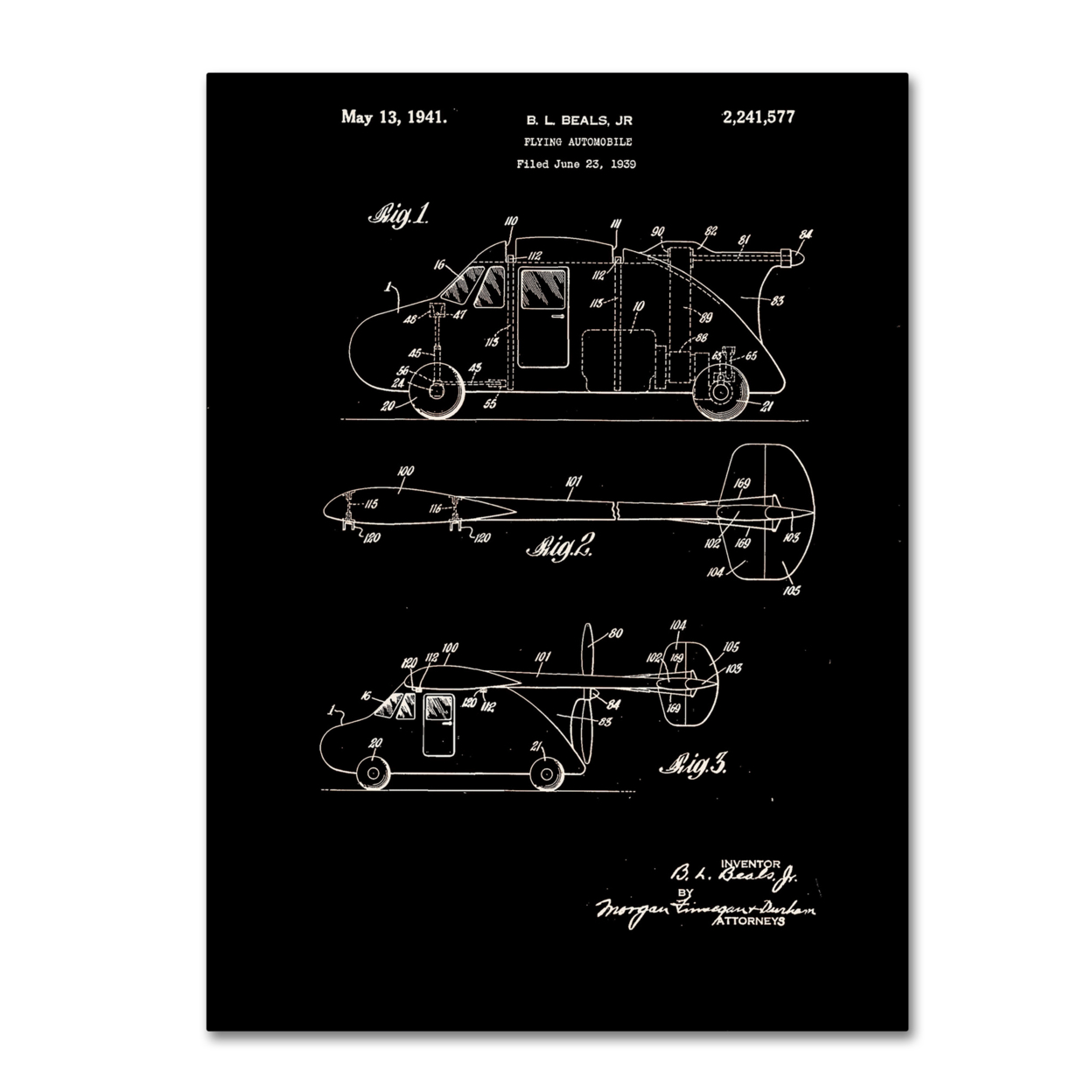 Claire Doherty 'Flying Car Patent 1941 Black' Canvas Wall Art 35 X 47 Inches