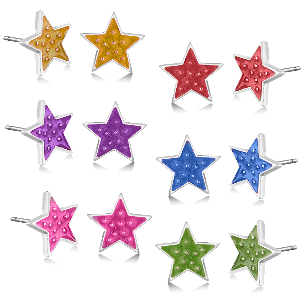 6 Piece Enamel Star Stud Earrings