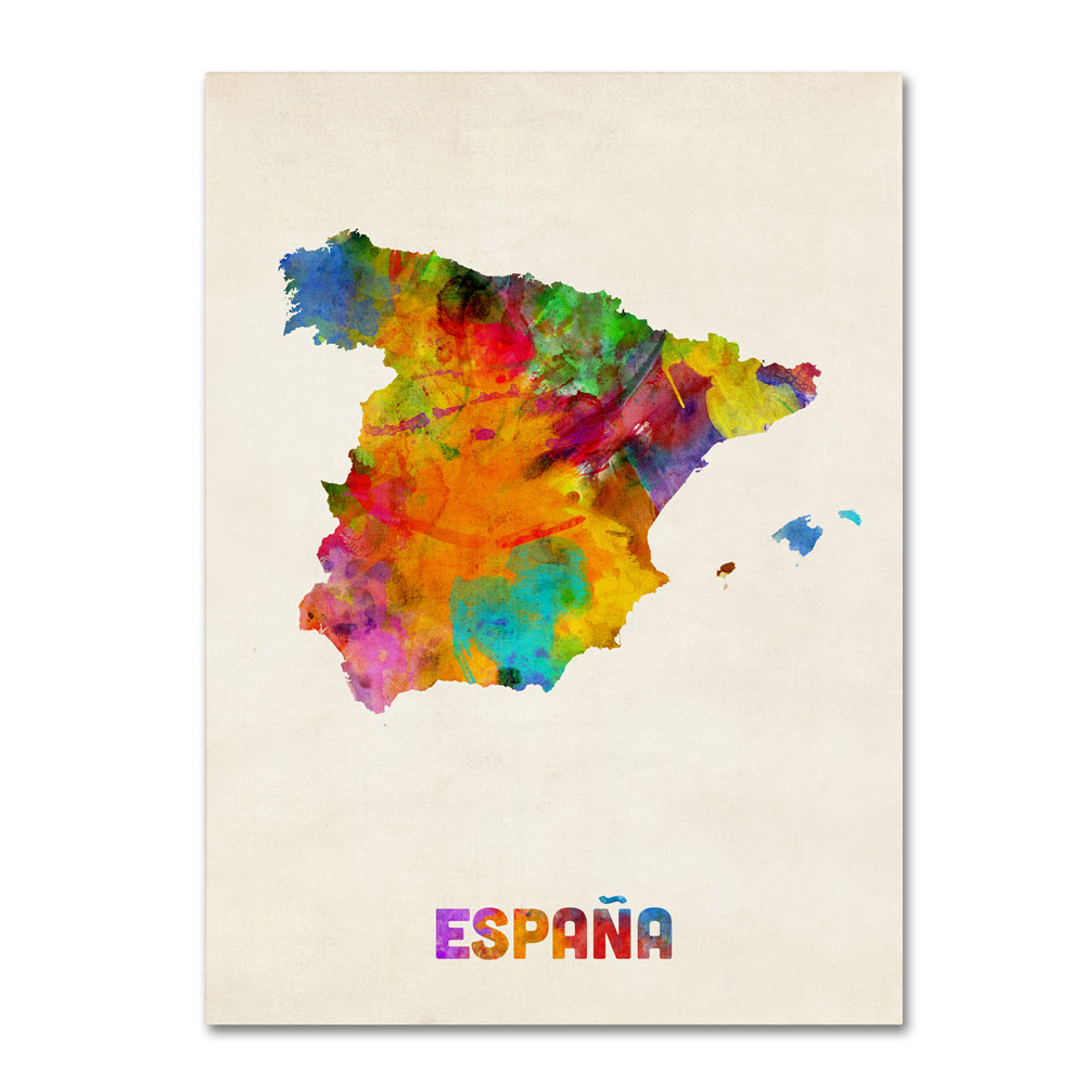 Michael Tompsett 'Spain Watercolor Map' 14 X 19 Canvas Art